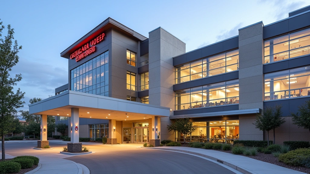 Modern hospital exterior in Diamond Bar California with emergency entrance signage, daytime, professional medical facility ar
