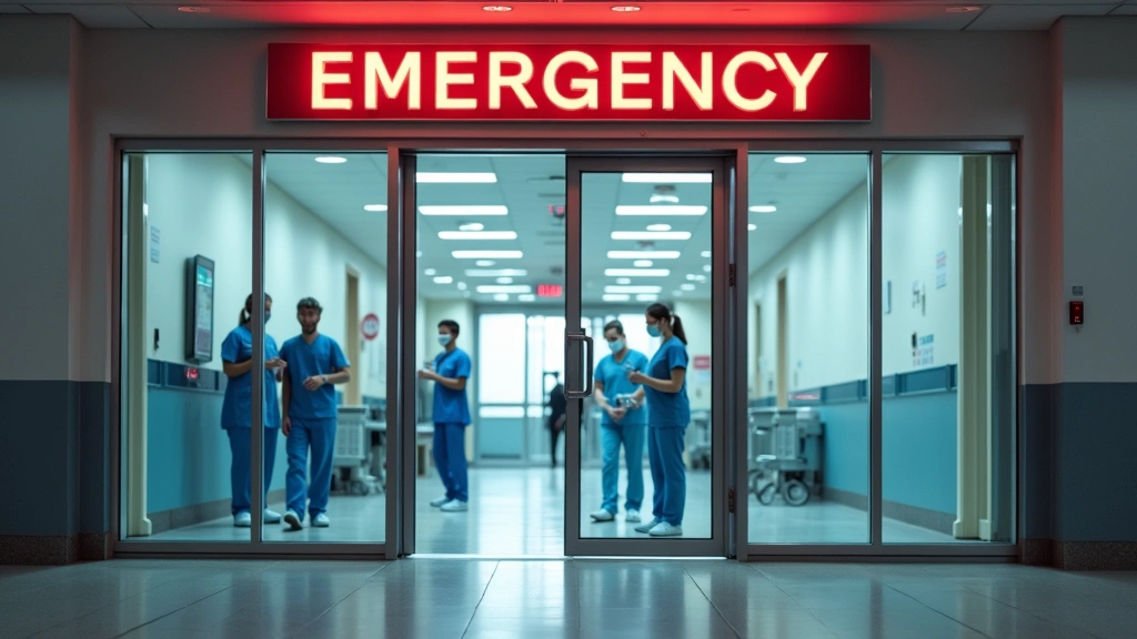 Hospital emergency department entrance with sliding glass doors, medical staff in scrubs visible, professional healthcare set
