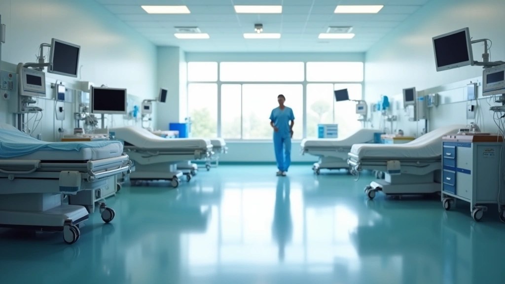 Hospital patient care floor with modern medical equipment, IV stands, monitors, clean clinical environment, no people visible