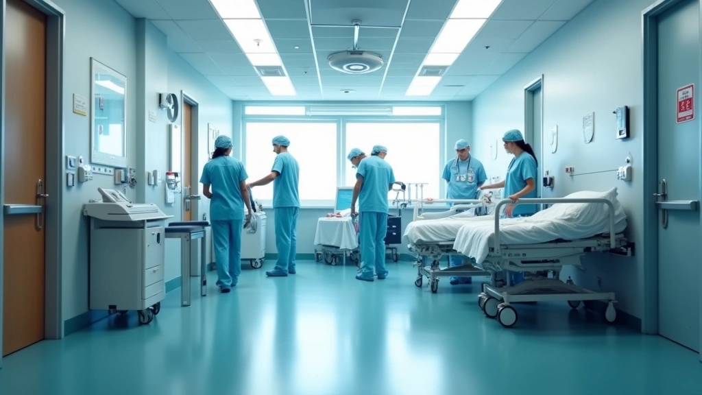 Modern hospital emergency department with healthcare professionals assisting patients, bright clinical lighting, professional medical environment, no text or signage visible