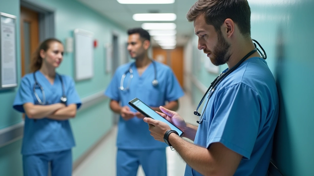 Diverse medical team in hospital hallway discussing patient care with digital tablet, professional healthcare setting, collab