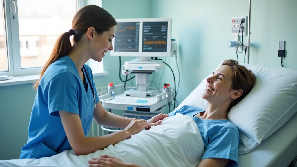 Patient receiving care in hospital bed with nurse checking vital signs, compassionate healthcare moment, clean clinical room,