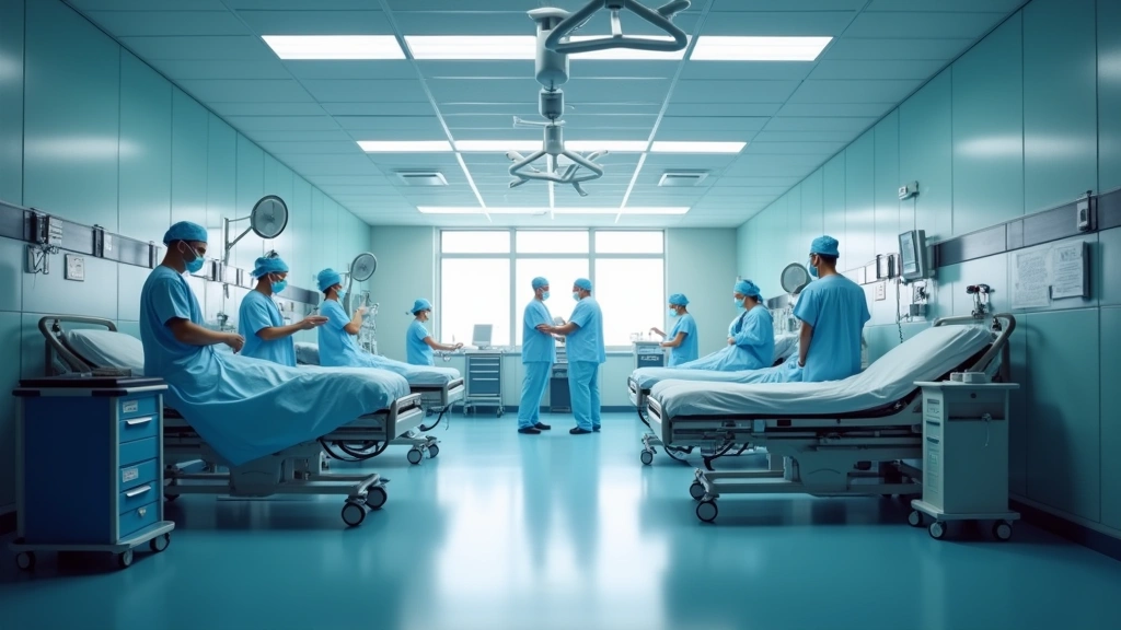 Modern hospital emergency department with medical staff attending to patients, bright clinical lighting, professional healthcare setting