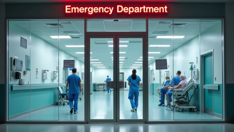 Modern hospital emergency department entrance with glass doors and professional signage, bright clinical lighting, medical staff in scrubs visible through windows, clean contemporary architecture