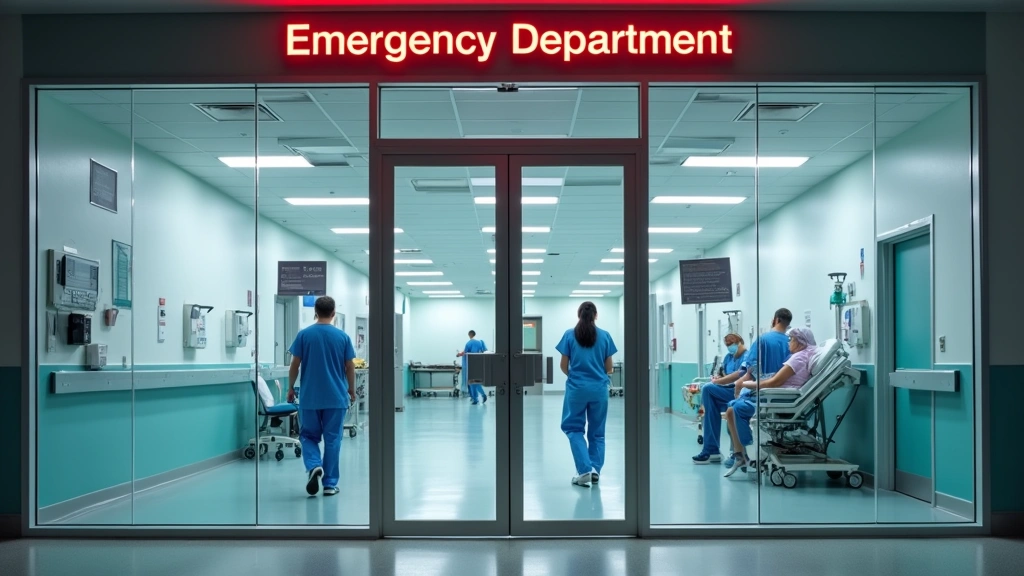 Modern hospital emergency department entrance with glass doors and professional signage, bright clinical lighting, medical staff in scrubs visible through windows, clean contemporary architecture