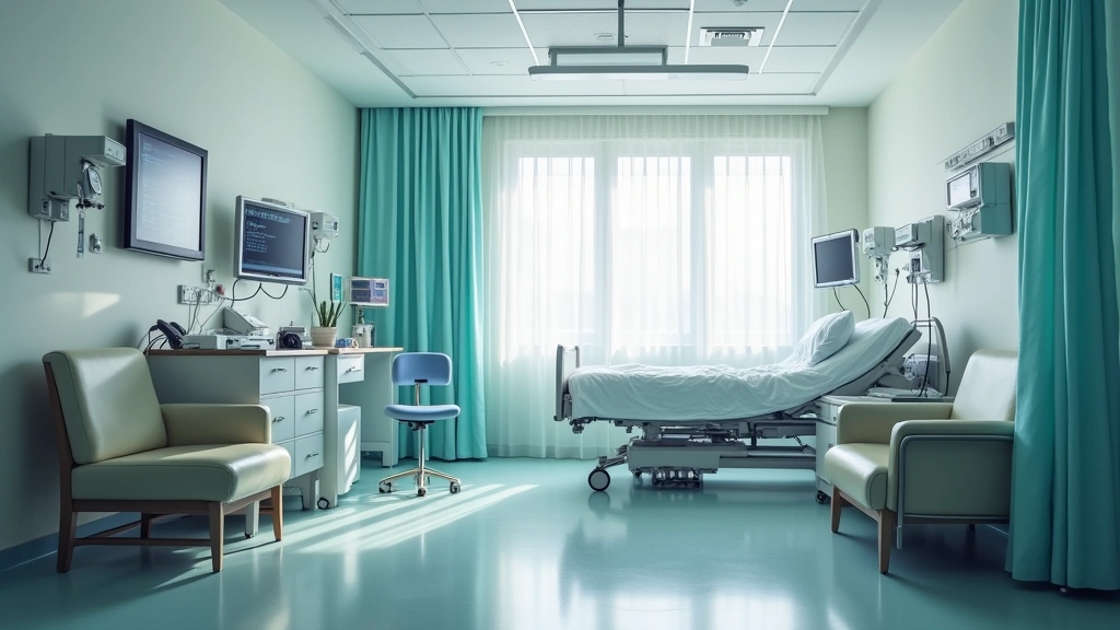 Hospital patient room with comfortable bed, monitoring equipment, natural light from window, comfortable seating for visitors