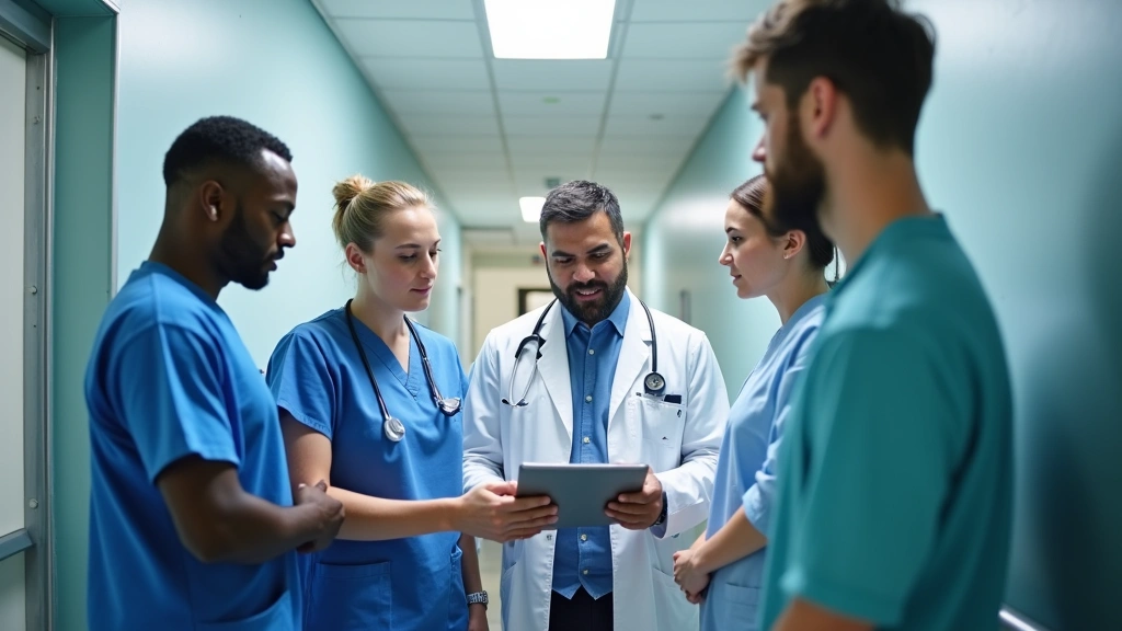 Healthcare team in hospital hallway reviewing patient charts on digital tablet, diverse medical professionals collaborating, 
