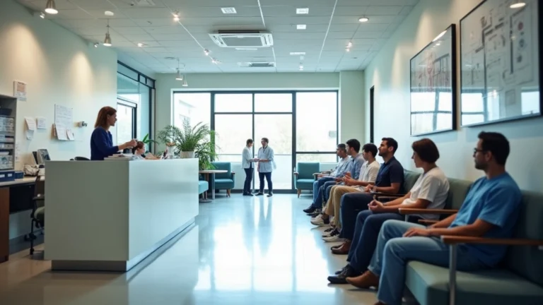 Professional medical clinic reception area with diverse patients waiting, modern healthcare facility interior, bright natural lighting, welcoming student health center environment
