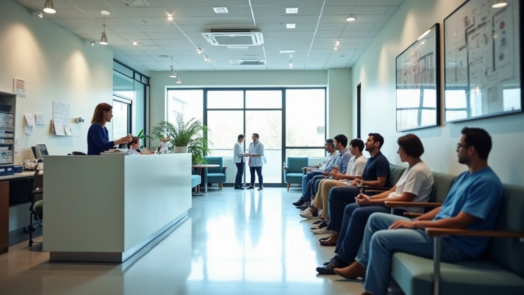 Professional medical clinic reception area with diverse patients waiting, modern healthcare facility interior, bright natural