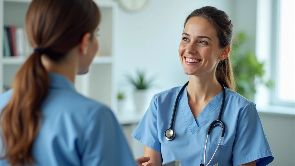 Female nurse practitioner conducting patient consultation in modern medical office, stethoscope visible, professional healthc