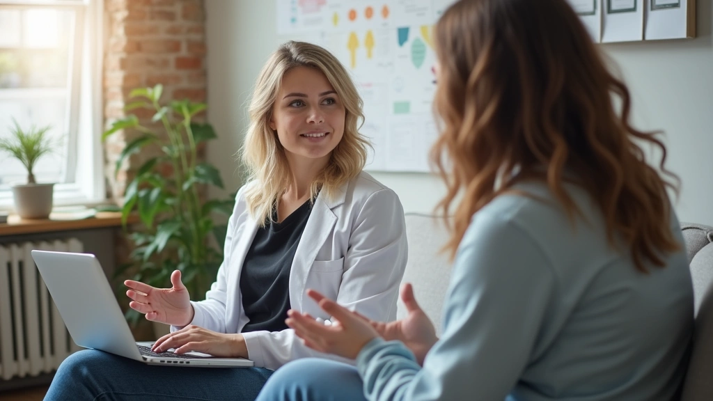 Mental health counselor in professional office conducting therapy session, comfortable clinical environment, diverse represen