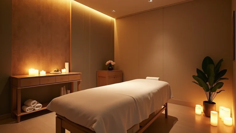 Luxury spa treatment room with massage table, soft lighting, candles, and zen atmosphere in high-end wellness facility
