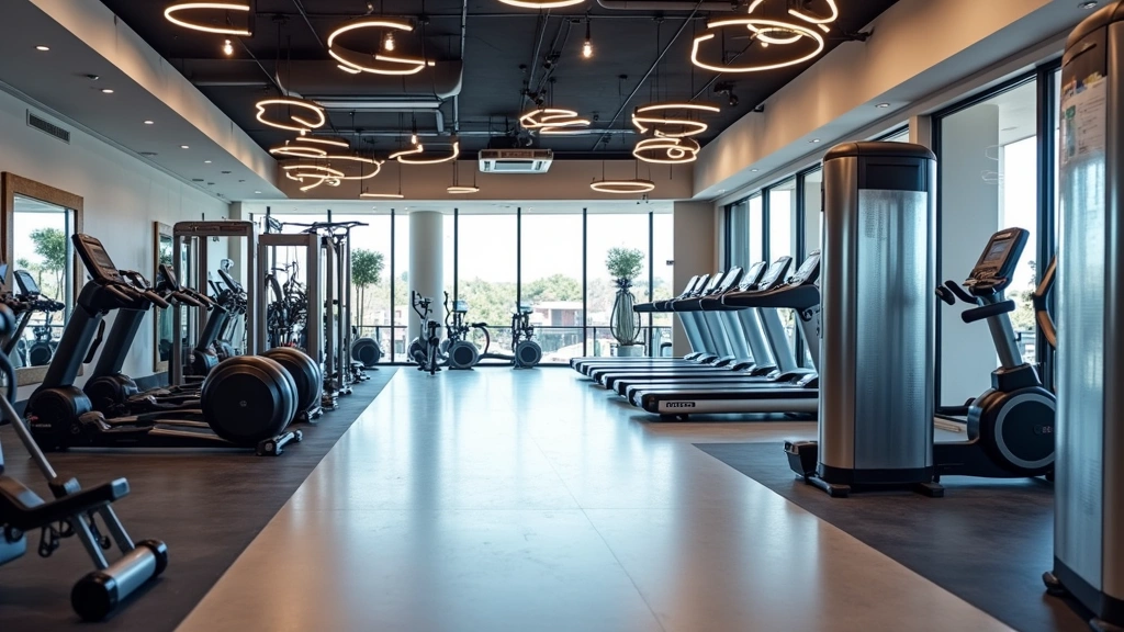 Modern fitness center with cardio equipment, strength training machines, and bright gym flooring in upscale health club