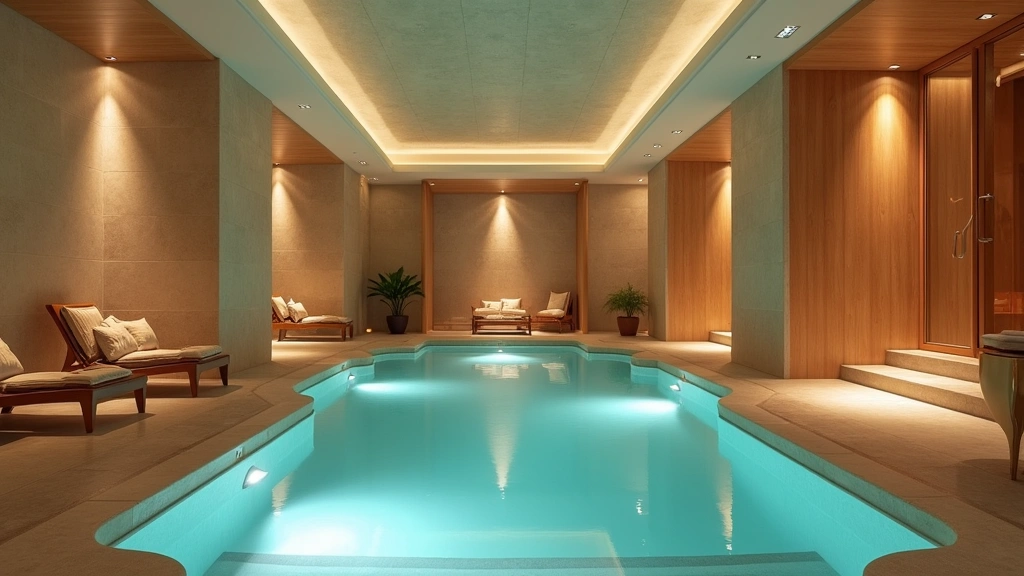 Relaxation area with heated spa pool, sauna entrance, and lounge seating in premium wellness resort