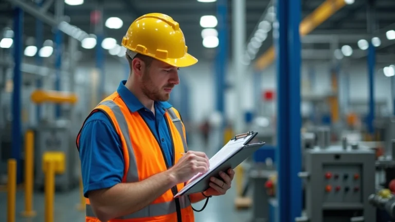 Professional safety inspector conducting workplace hazard assessment in modern manufacturing facility, examining equipment and documenting findings on clipboard