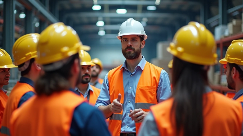 EHS manager presenting safety training to diverse group of industrial workers in hard hats and safety vests in warehouse or f