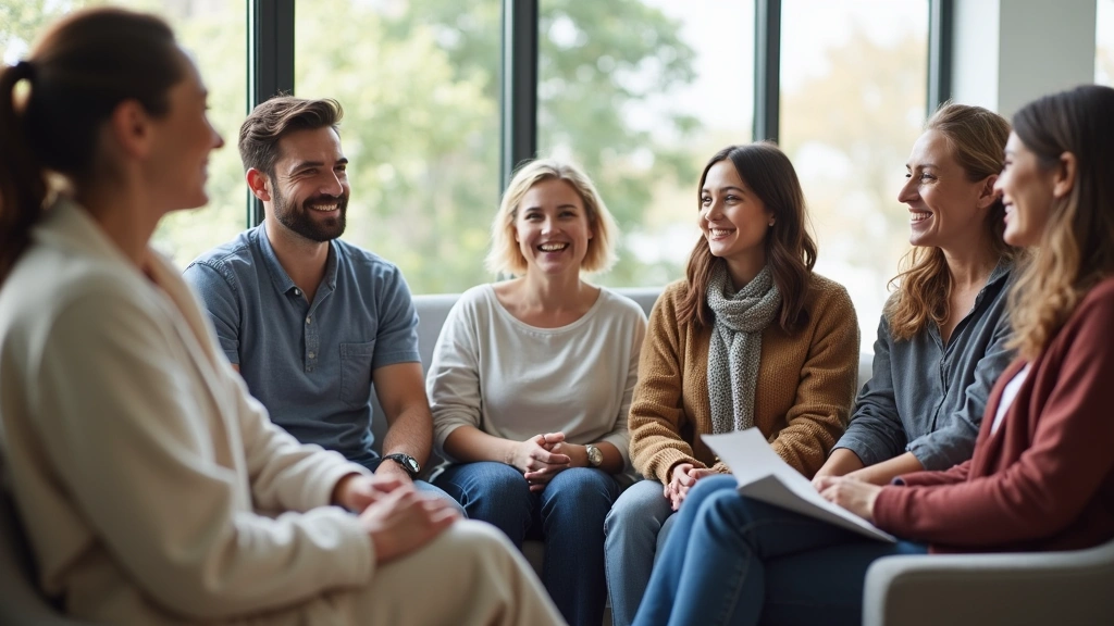 Diverse group of patients in modern community health center waiting room, smiling and relaxed, bright natural lighting, inclusive healthcare environment