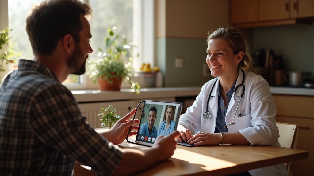 Rural family video calling with doctor on tablet at home kitchen table, warm lighting, telehealth consultation showing health