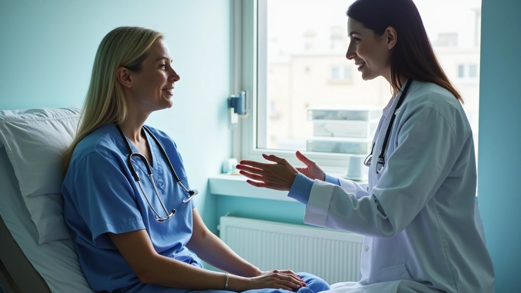 Psychiatric nurse monitoring patient in inpatient behavioral health unit, clinical care setting, modern hospital room, profes