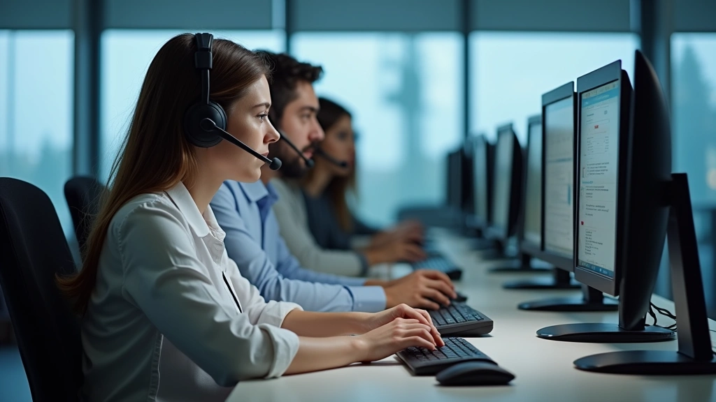 Crisis intervention team responding to emergency call center, professional counselors at desks with headsets, modern telecomm