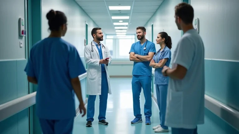 Professional healthcare team in modern hospital corridor, diverse medical professionals collaborating, clinical environment with natural lighting, no text visible