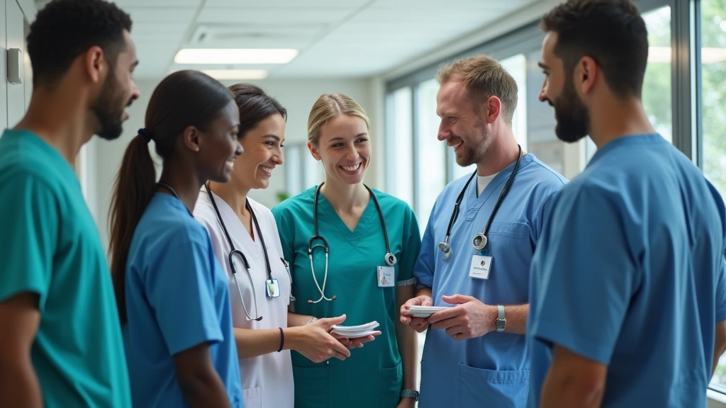 Diverse group of healthcare workers in hospital setting, team collaboration moment, clinical uniforms and scrubs, warm profes