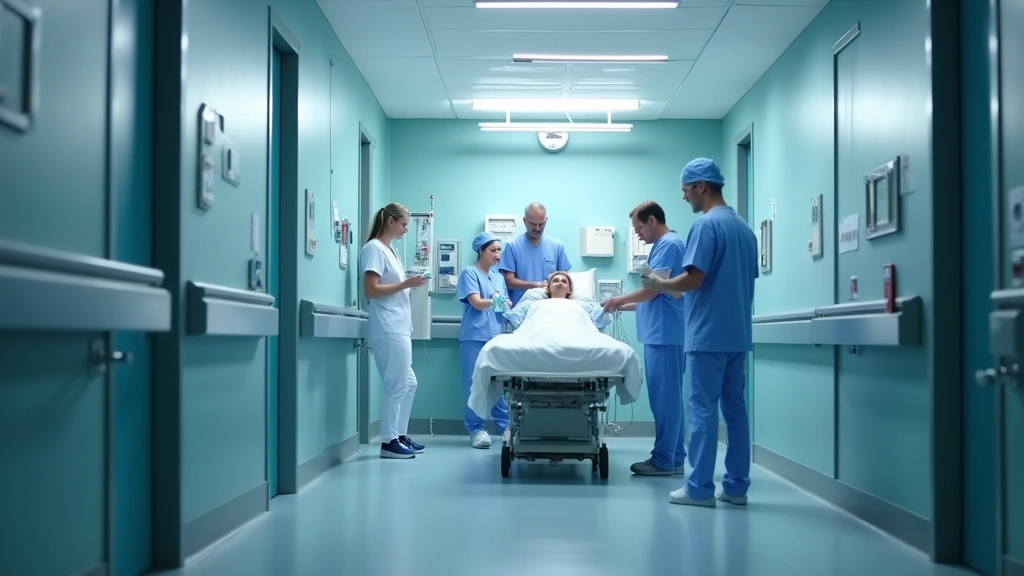 Modern hospital emergency department with medical staff treating patient, bright clinical lighting, professional healthcare e