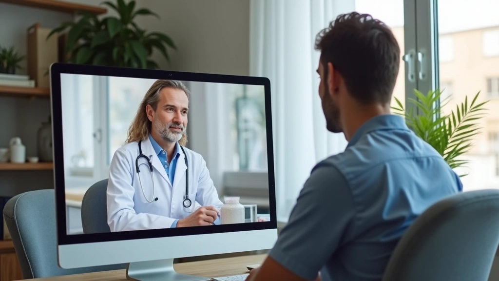 Doctor conducting virtual telehealth consultation on computer screen with patient visible on monitor, home office setting, pr
