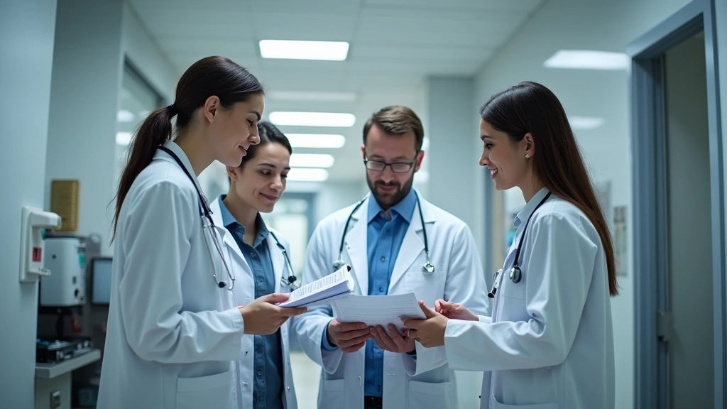 Healthcare team reviewing patient records in modern clinic setting, collaborative medical environment, multiple physicians co