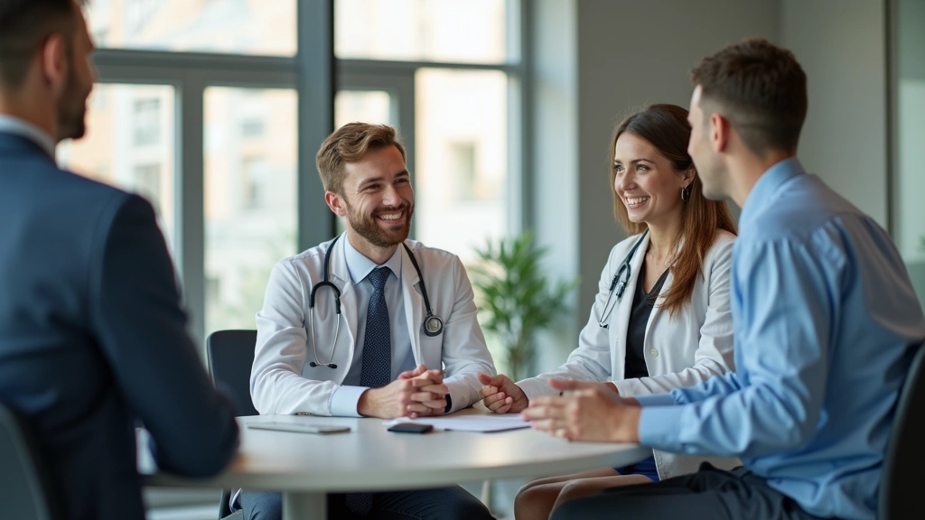 Candidates interviewing with healthcare manager in modern hospital office, professional business attire, warm welcoming envir