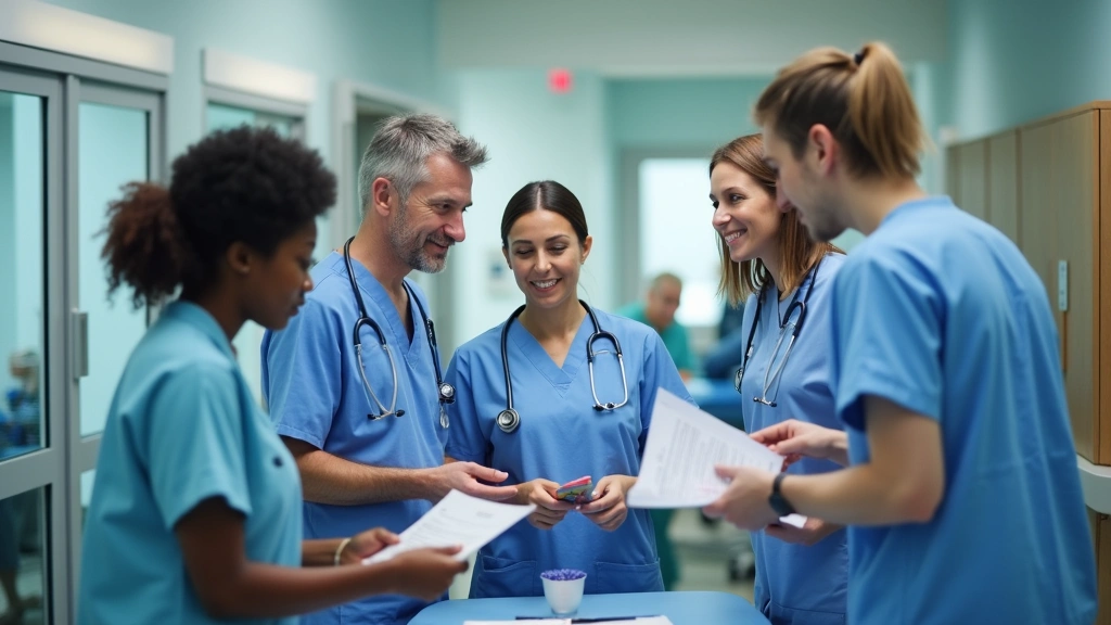 Diverse nursing team in hospital break room reviewing patient charts and collaborating, modern clinical facility, professiona