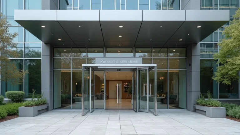 Modern hospital entrance with glass doors and professional signage, daytime exterior view, clean architectural design, medical facility setting