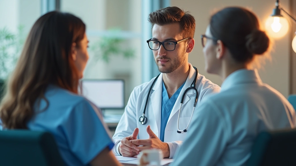 Healthcare provider in white coat conducting patient consultation in clinical office, warm lighting, professional medical env