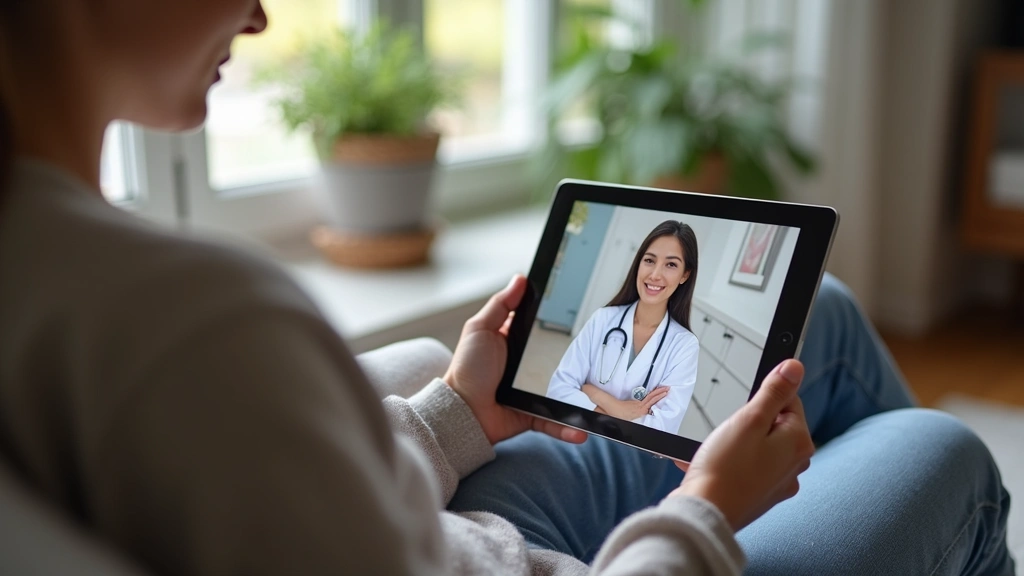 Patient using tablet computer for telehealth video call from home, sitting comfortably, healthcare technology interface visib
