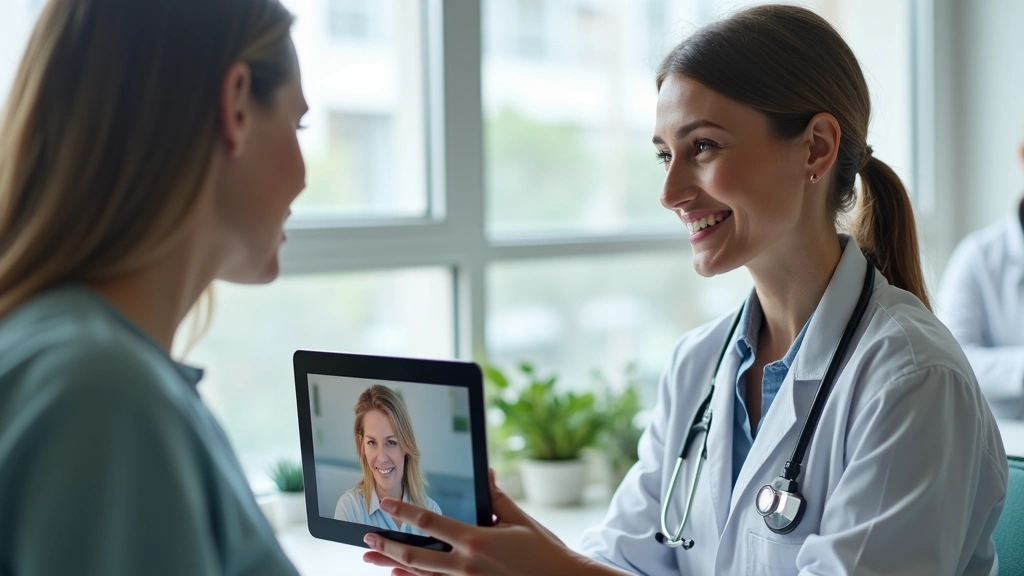 Professional female doctor conducting video consultation on tablet with patient, modern clinic office background, natural lig