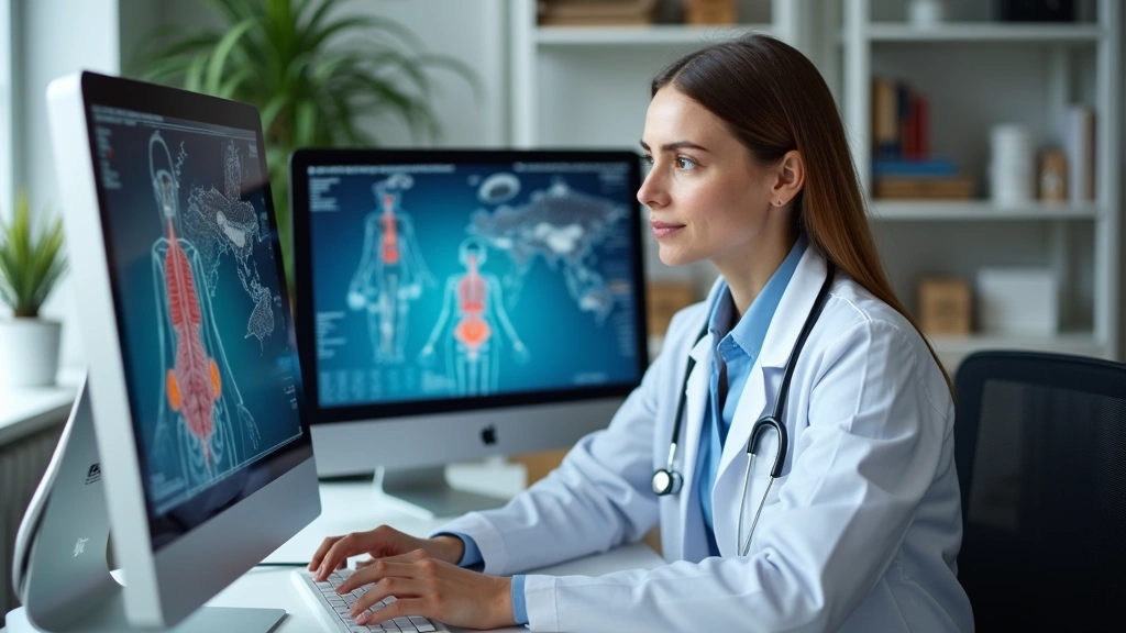 Licensed healthcare provider reviewing patient medical records on computer in modern telehealth office, professional medical