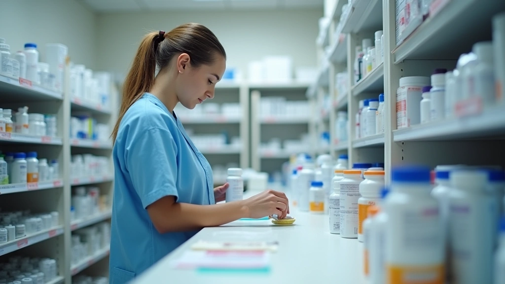 Pharmacy technician preparing prescription medications at counter, organized pharmacy setting, professional healthcare enviro