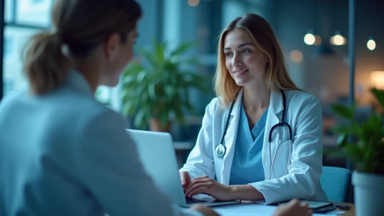 Professional woman doctor in white coat conducting video consultation on laptop in modern medical office with blue lighting and plants, patient perspective view