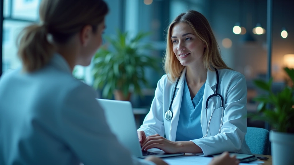 Professional woman doctor in white coat conducting video consultation on laptop in modern medical office with blue lighting and plants, patient perspective view
