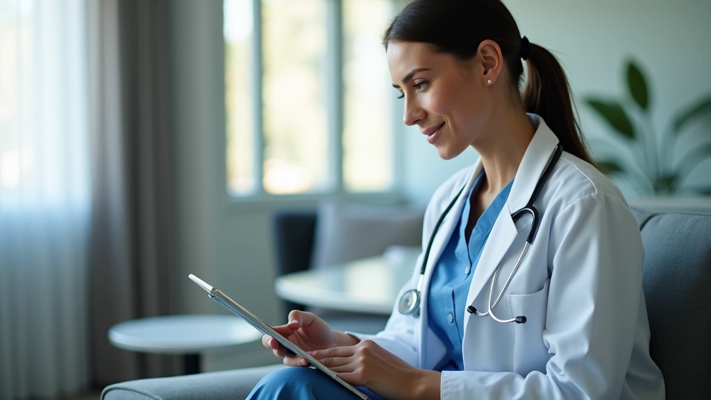 Licensed physician reviewing patient medical records on tablet during virtual telehealth appointment in contemporary healthca
