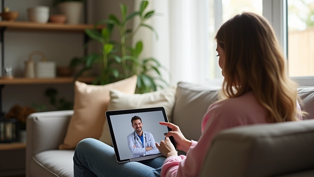 Patient sitting at home on couch during video call with healthcare provider on tablet, comfortable residential setting with n
