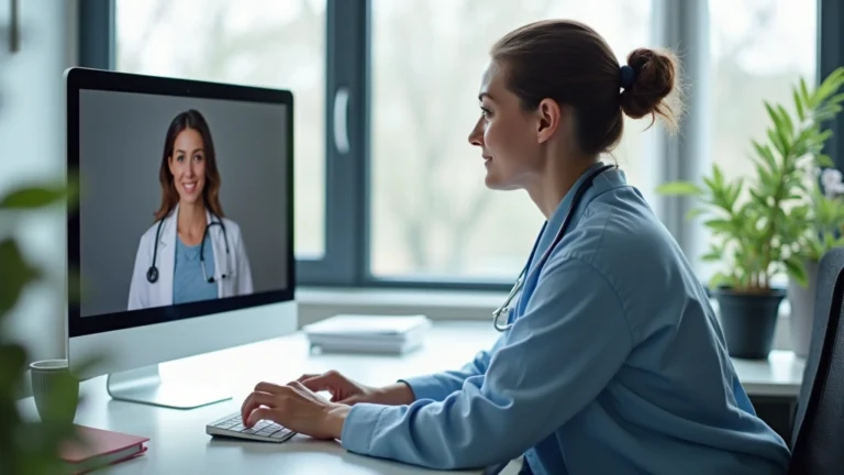 Professional female healthcare practitioner conducting virtual video consultation on computer with patient, medical office setting, modern digital health technology