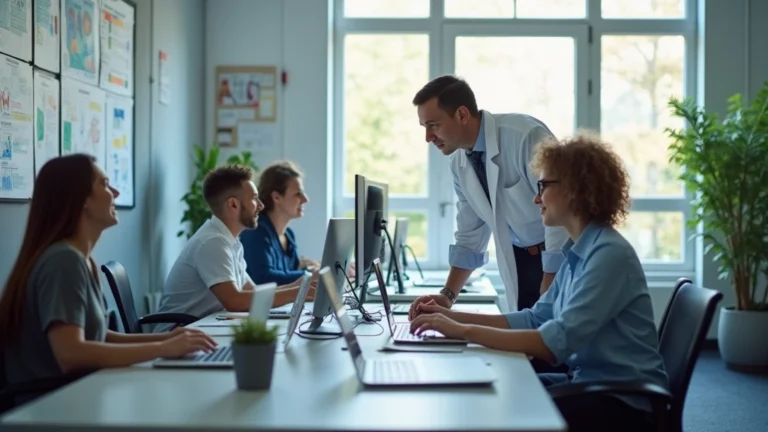 Professional healthcare technology office environment with diverse team members collaborating at modern workstations, bright natural lighting, collaborative workspace setup