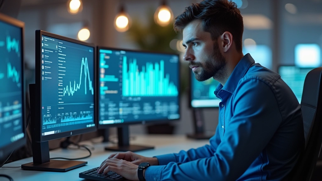 Data scientist analyzing healthcare metrics on multiple monitors in contemporary office setting, focused professional work en