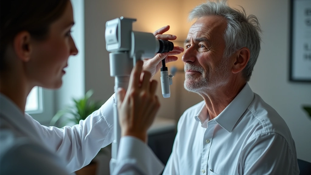 Professional optometrist performing comprehensive eye examination on mature patient using phoropter in modern clinic setting,