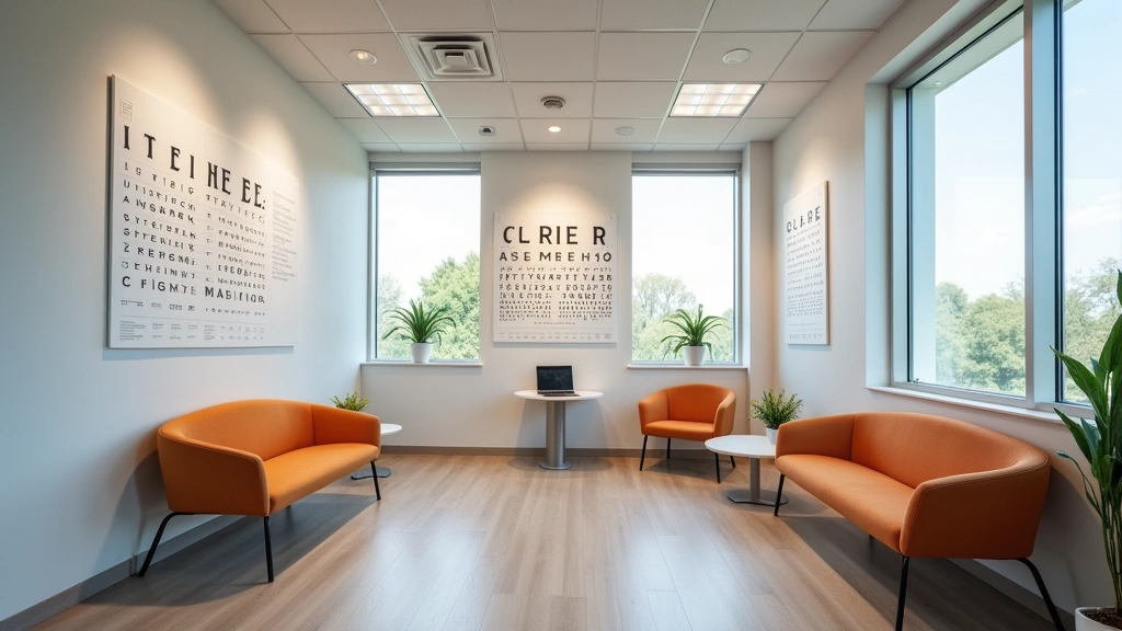 Optometry clinic waiting room with comfortable seating, modern design, natural lighting, eye charts on walls, welcoming healt