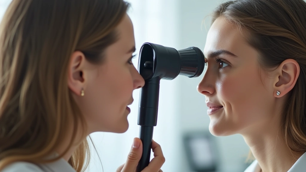Female optometrist measuring intraocular pressure using tonometer on patients eye during comprehensive examination in clinica