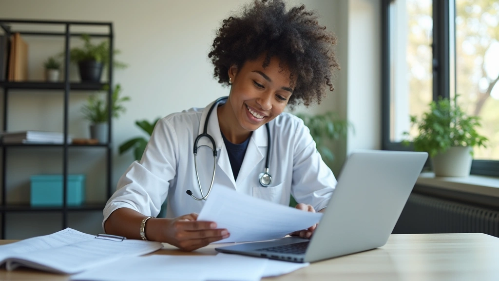 International student reviewing health insurance documents in university office with laptop and papers, professional healthca