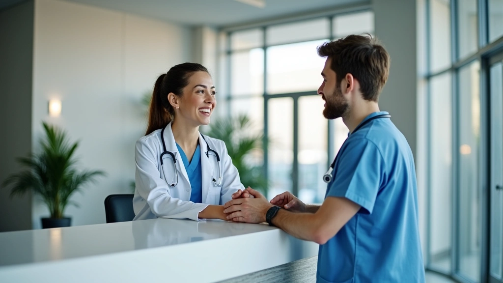 F1 student at university health center reception desk speaking with healthcare administrator, modern medical facility interio