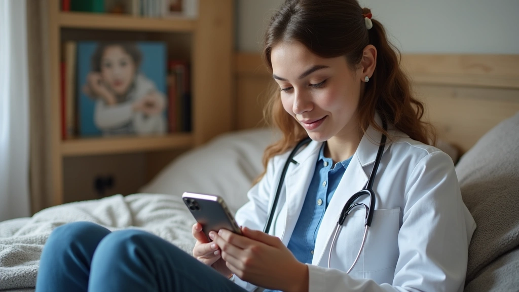 Young international student using smartphone for virtual doctor visit in dorm room, telemedicine consultation, calm professio